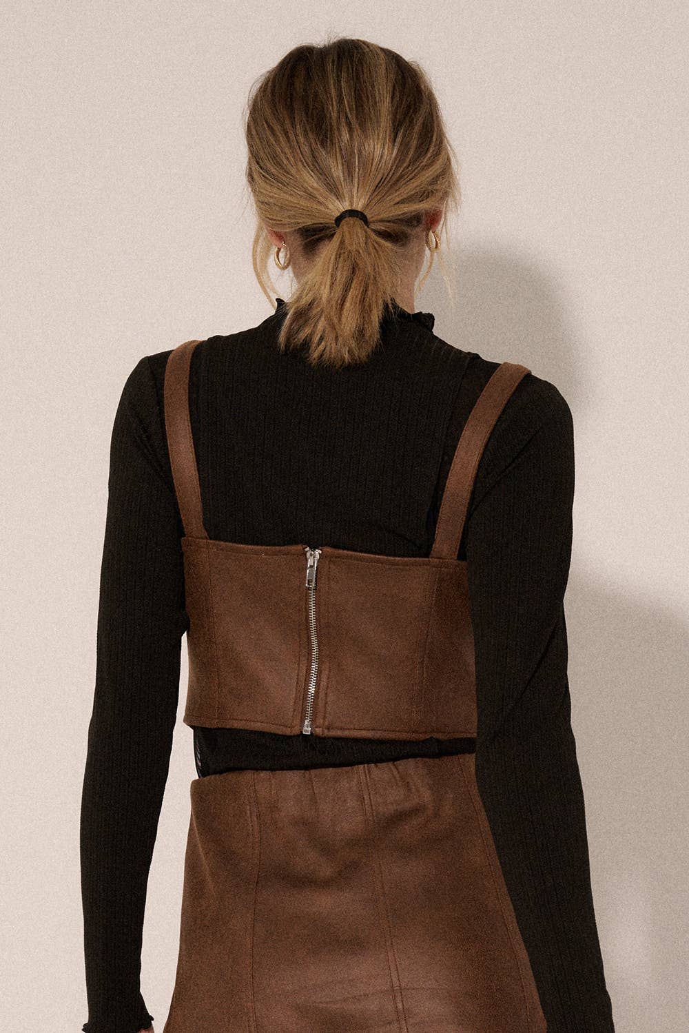 Faux Leather Sweetheart Neck Zipper Back Crop Top