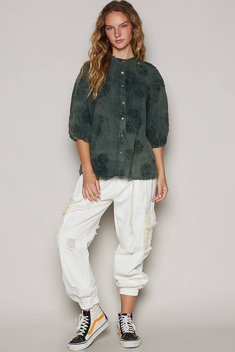 Floral embroidered short sleeve button down top