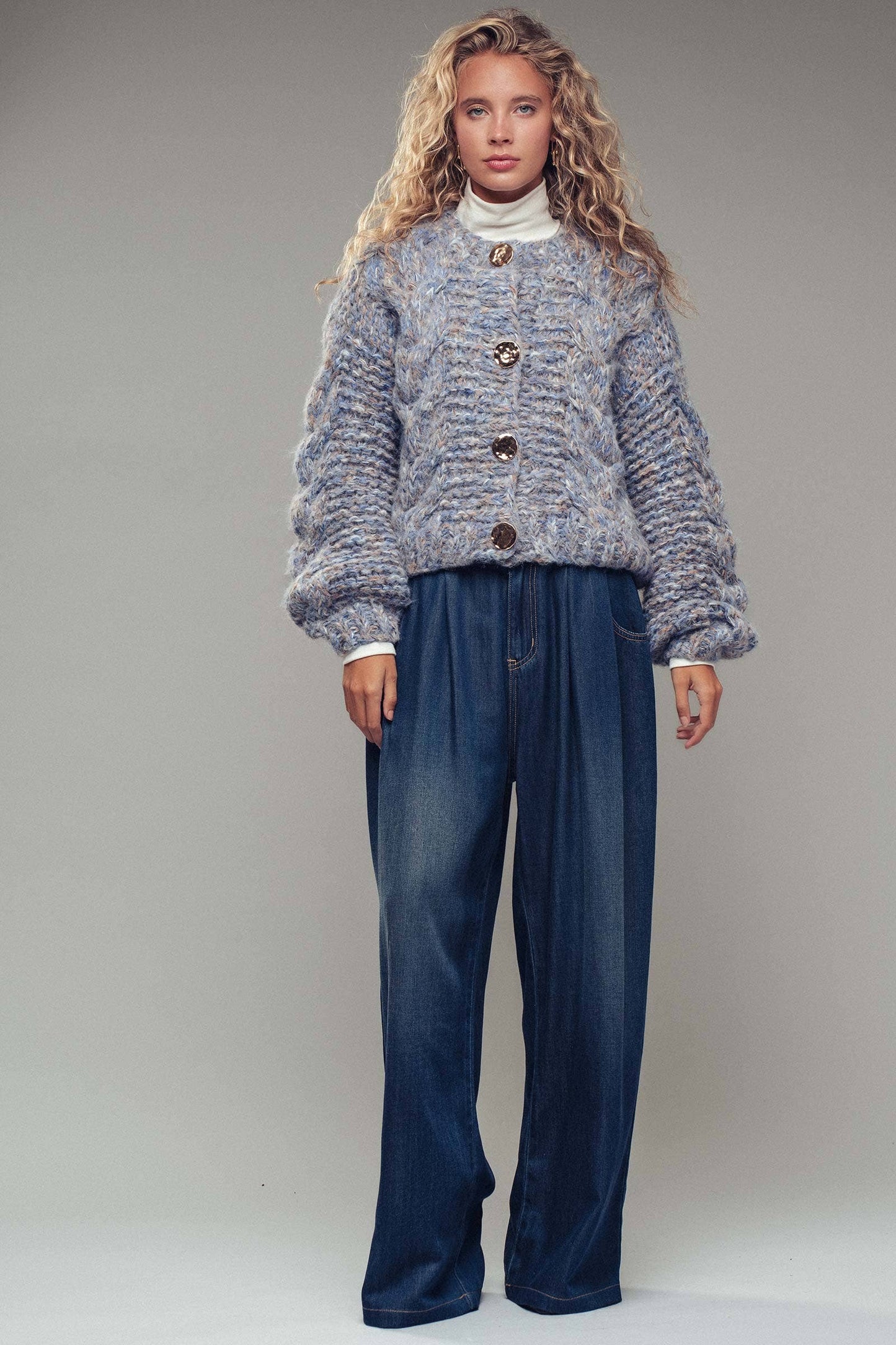 Chunky Marled Knit Gold Button Cardigan