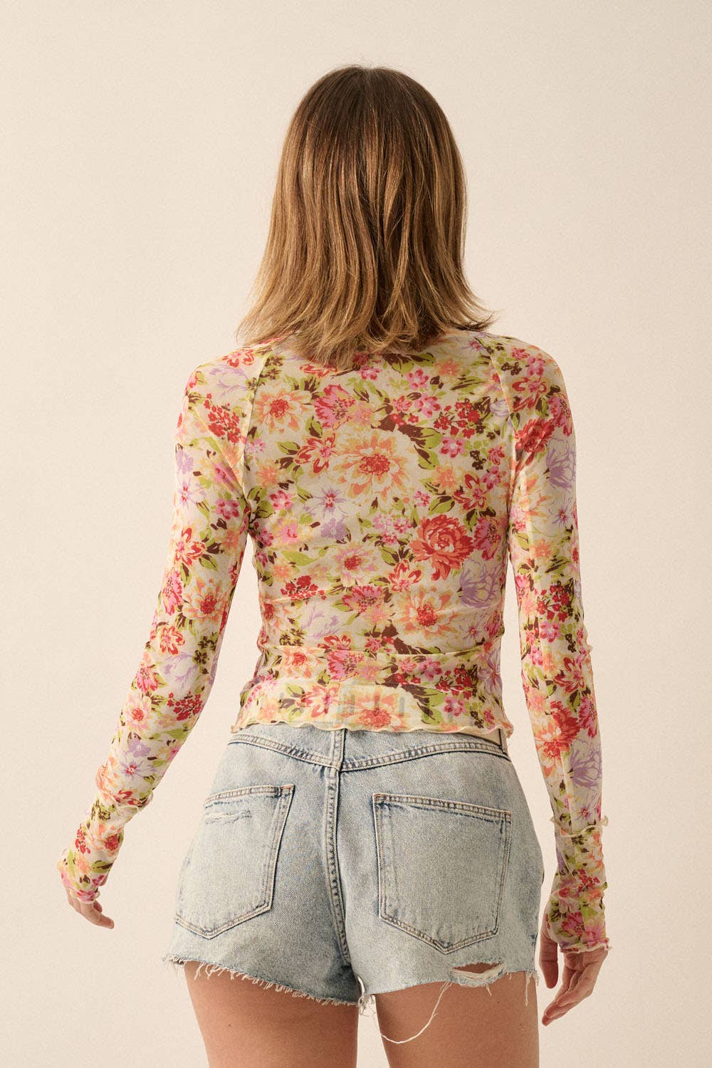 Floral Mesh Lettuce-Edge Thumbhole Top