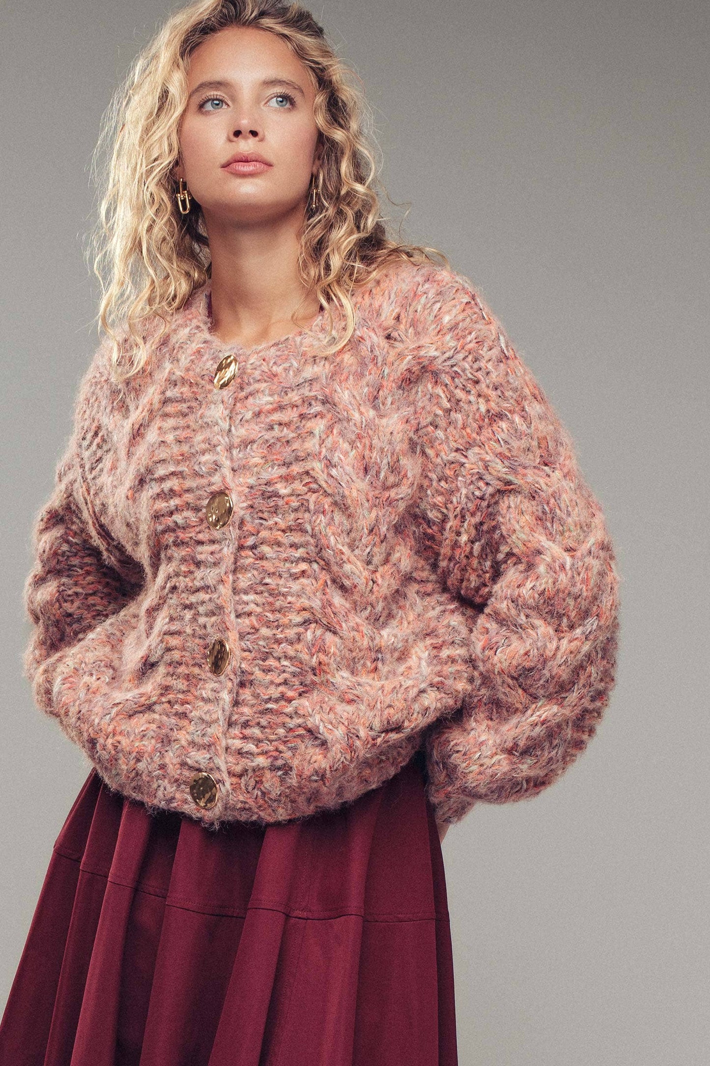 Chunky Marled Knit Gold Button Cardigan