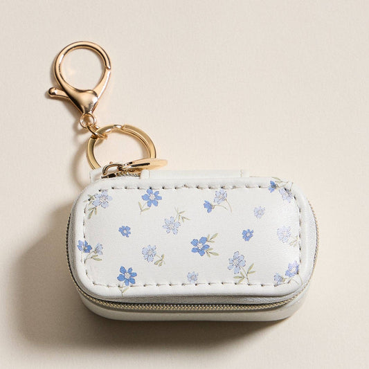 Floral Travel Jewelry Case Keychain – Mini Zipper Organizer with Ring Holder