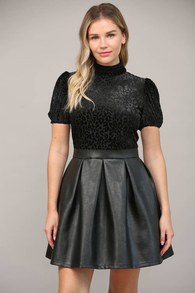 PLEAT DETAIL FAUX LEATHER FIT AND FLARE DRESS