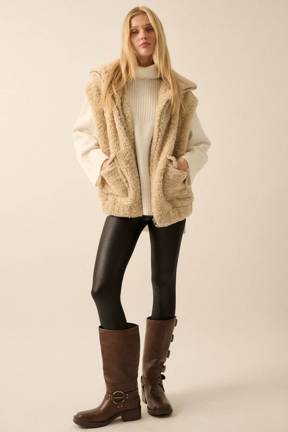 Solid Faux Fur Zip-Up Pocket Vest