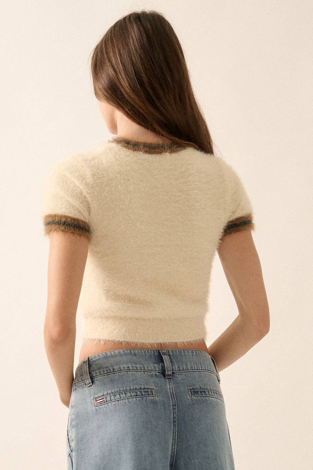 Alpine Fuzzy Knit Cropped Short-Sleeve Sweater