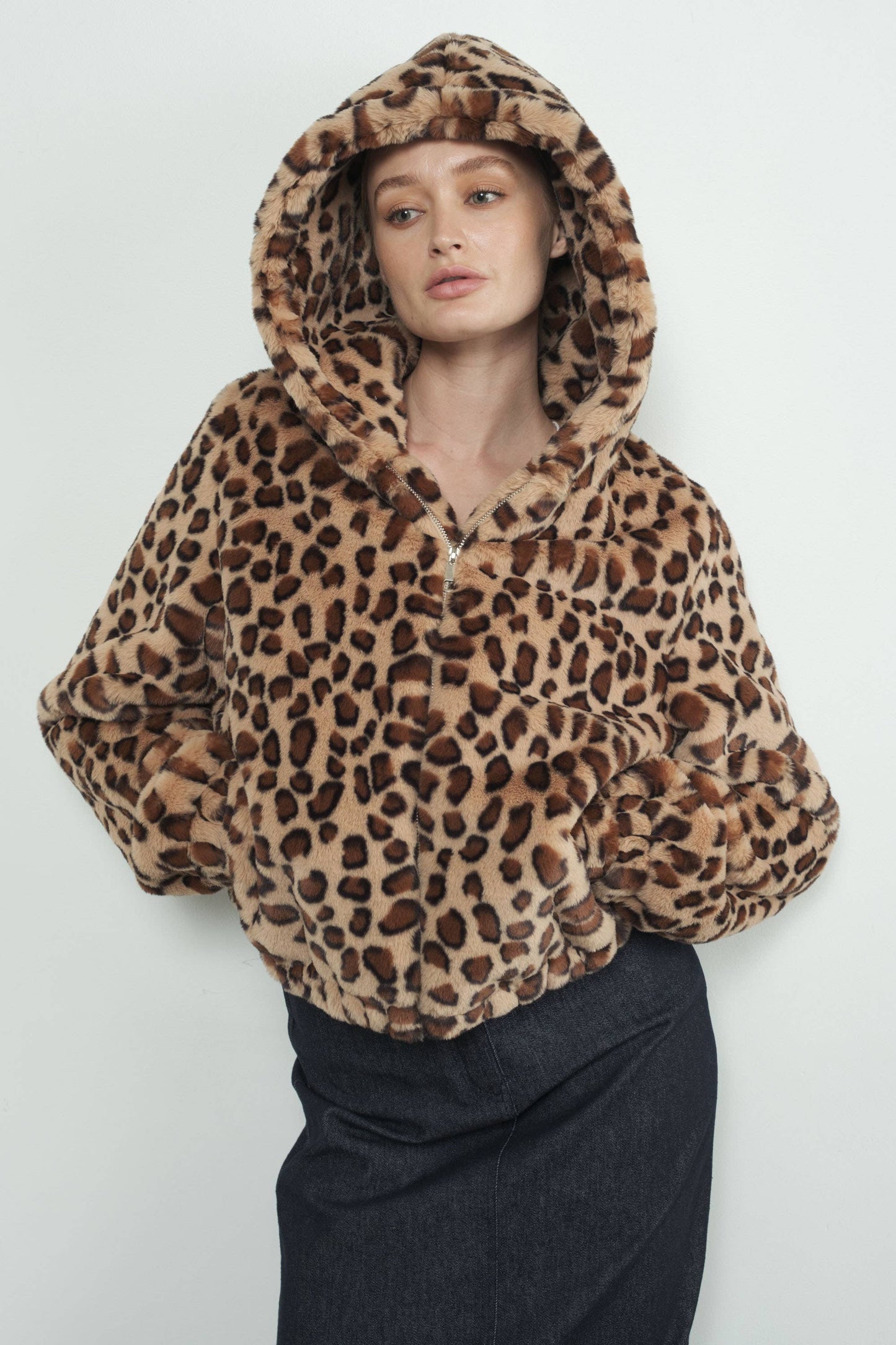 LEOPARD PRINT FAUX FUR HOODIE JACKET