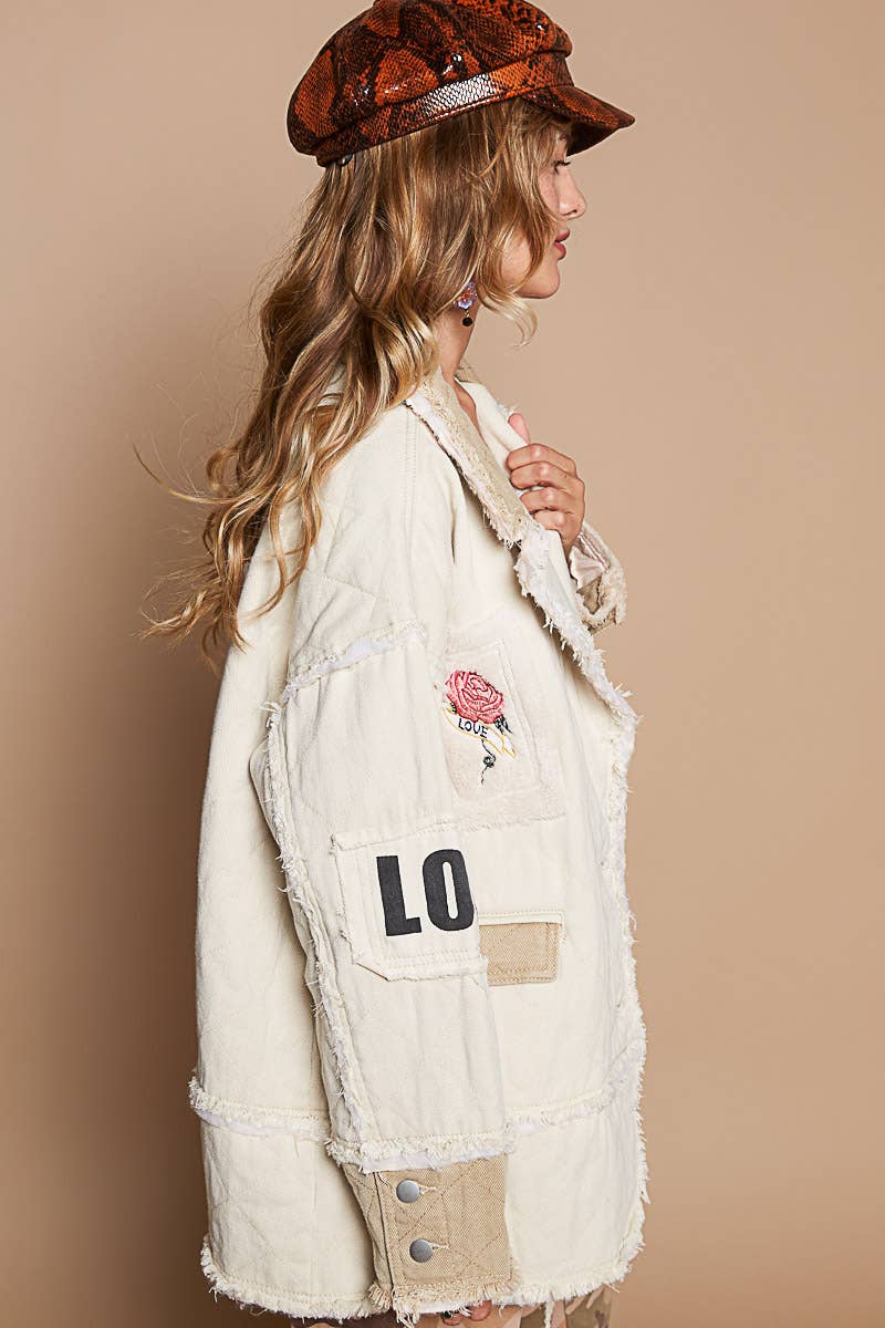 Colorblocked twill patch studded back heart jacket