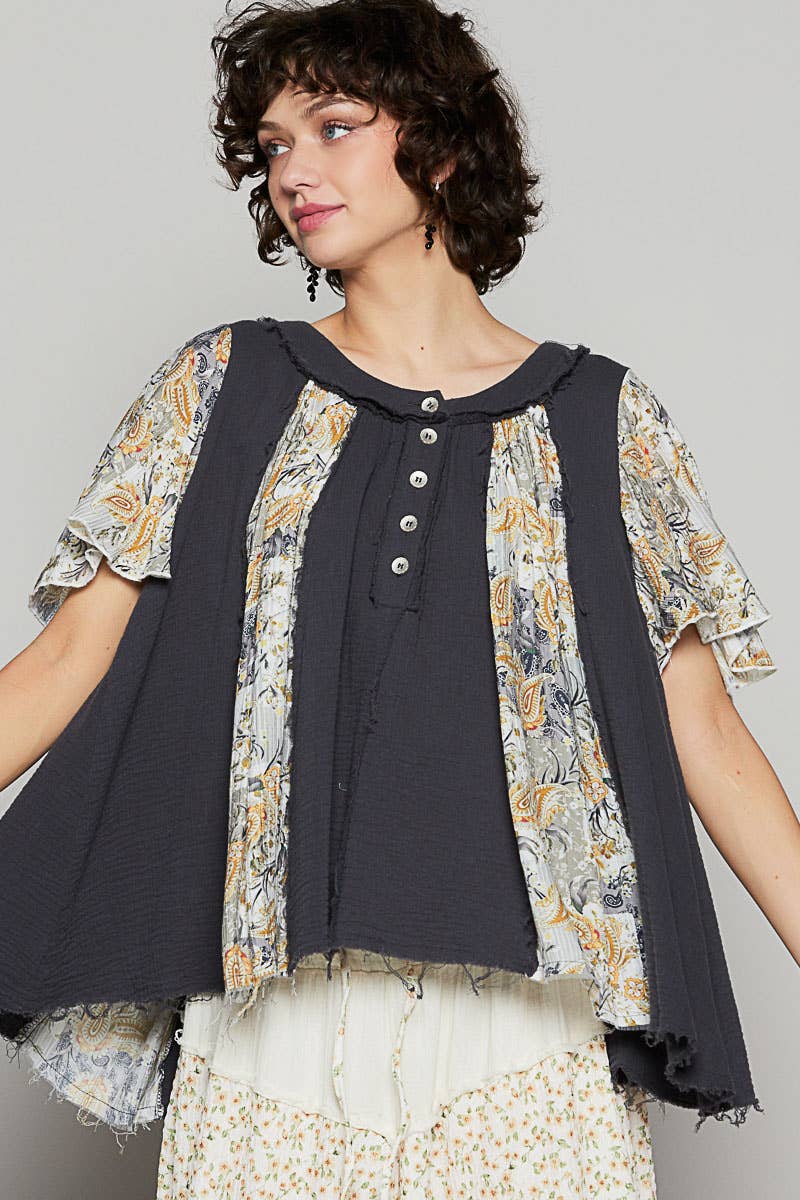 Round neck ruffle short sleeve printed woven top