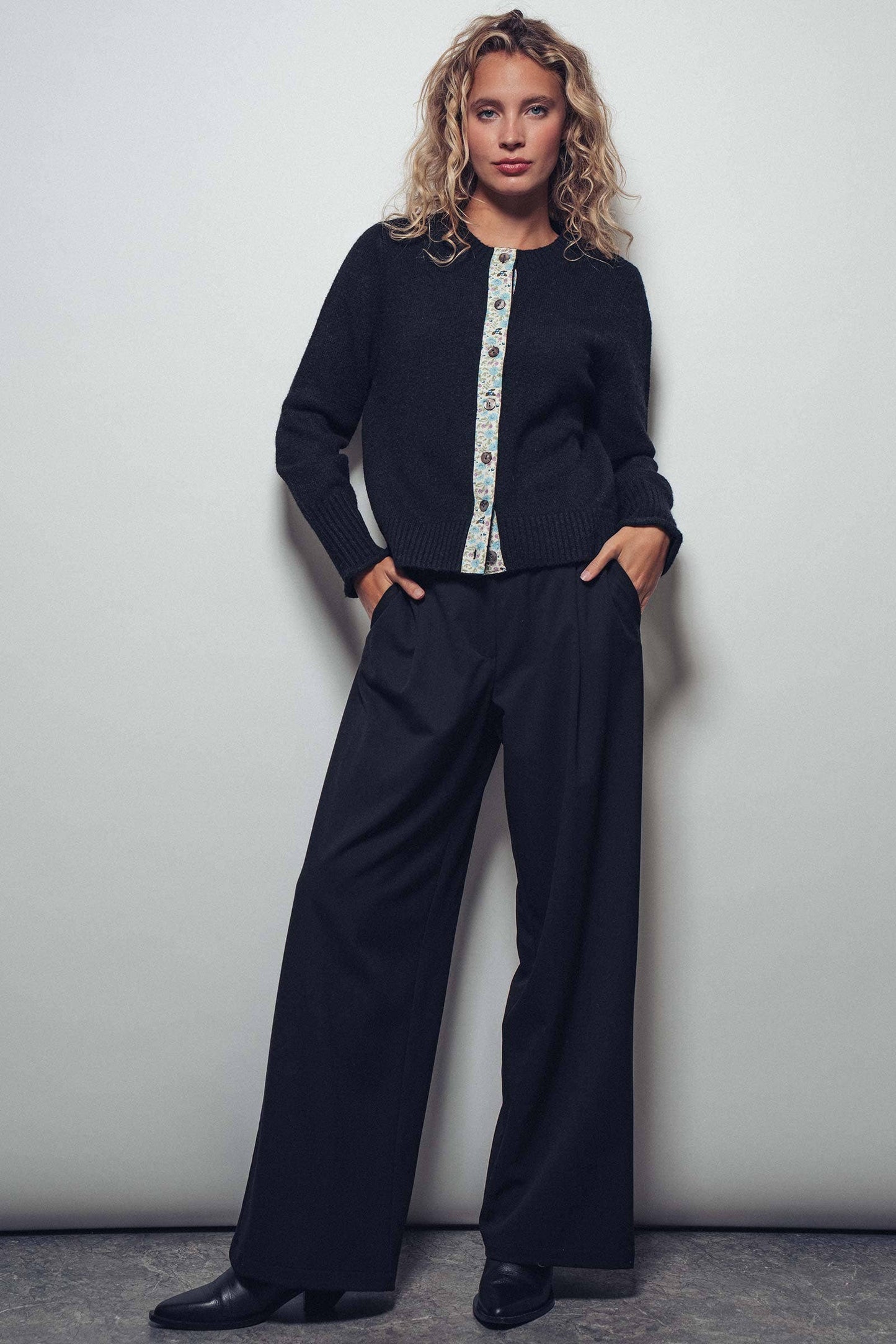 Floral Trim Wool Blend Cardigan