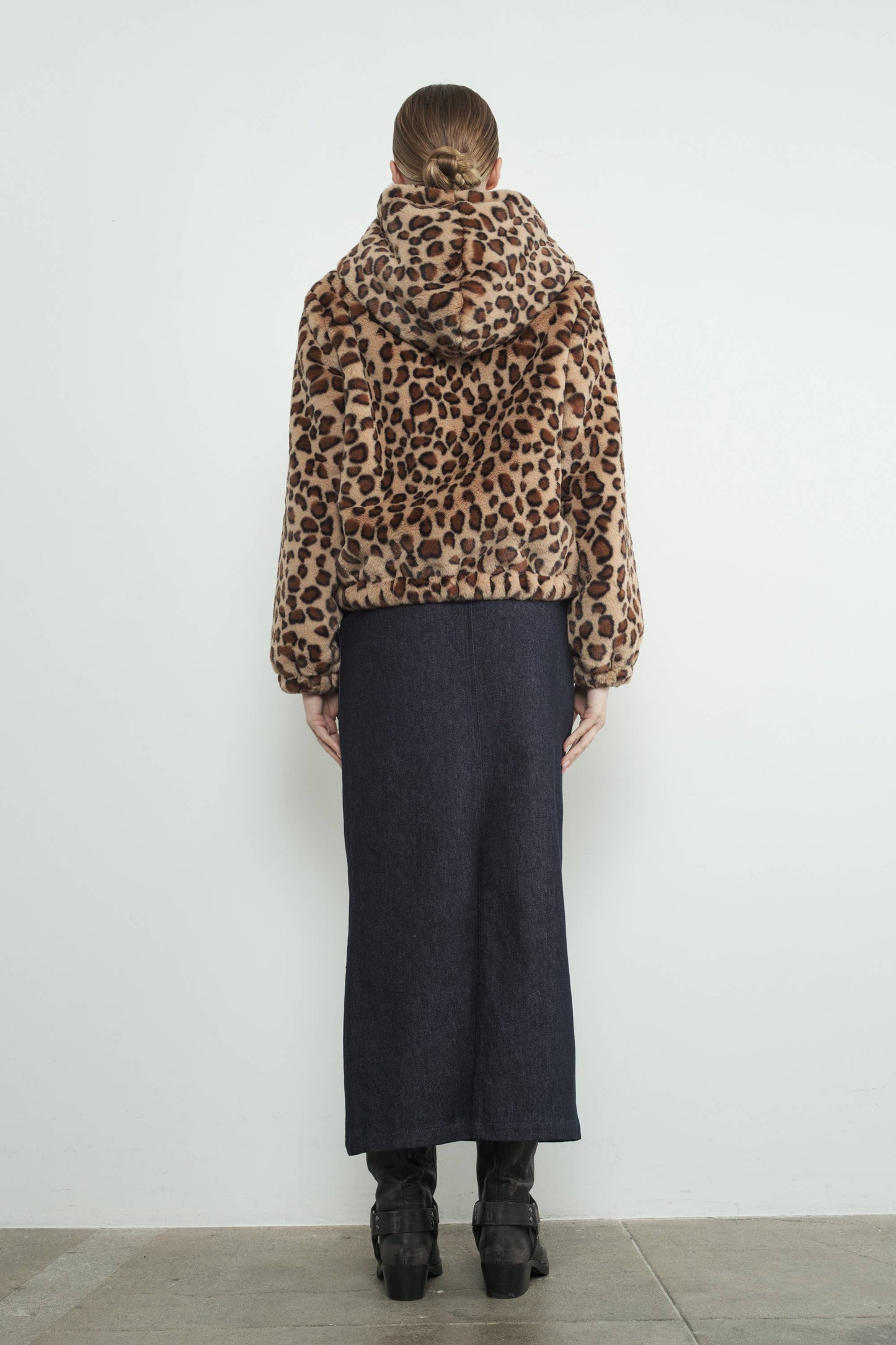 LEOPARD PRINT FAUX FUR HOODIE JACKET