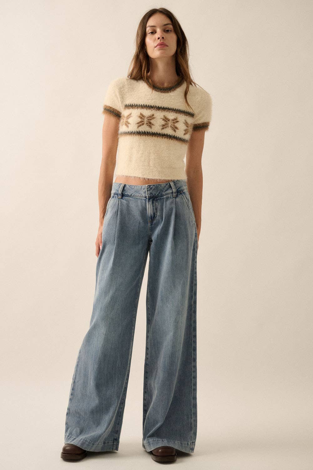 Alpine Fuzzy Knit Cropped Short-Sleeve Sweater