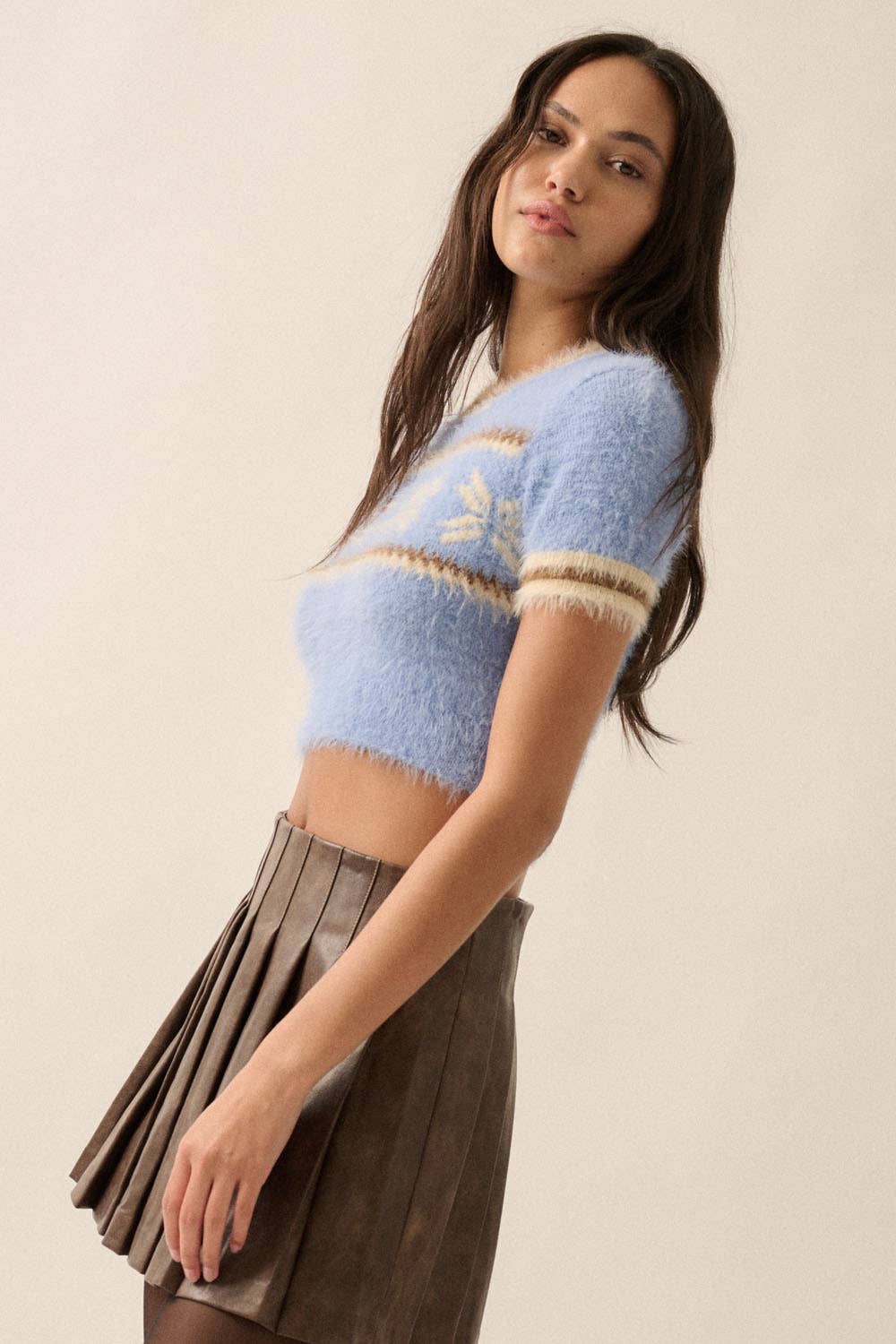 Alpine Fuzzy Knit Cropped Short-Sleeve Sweater