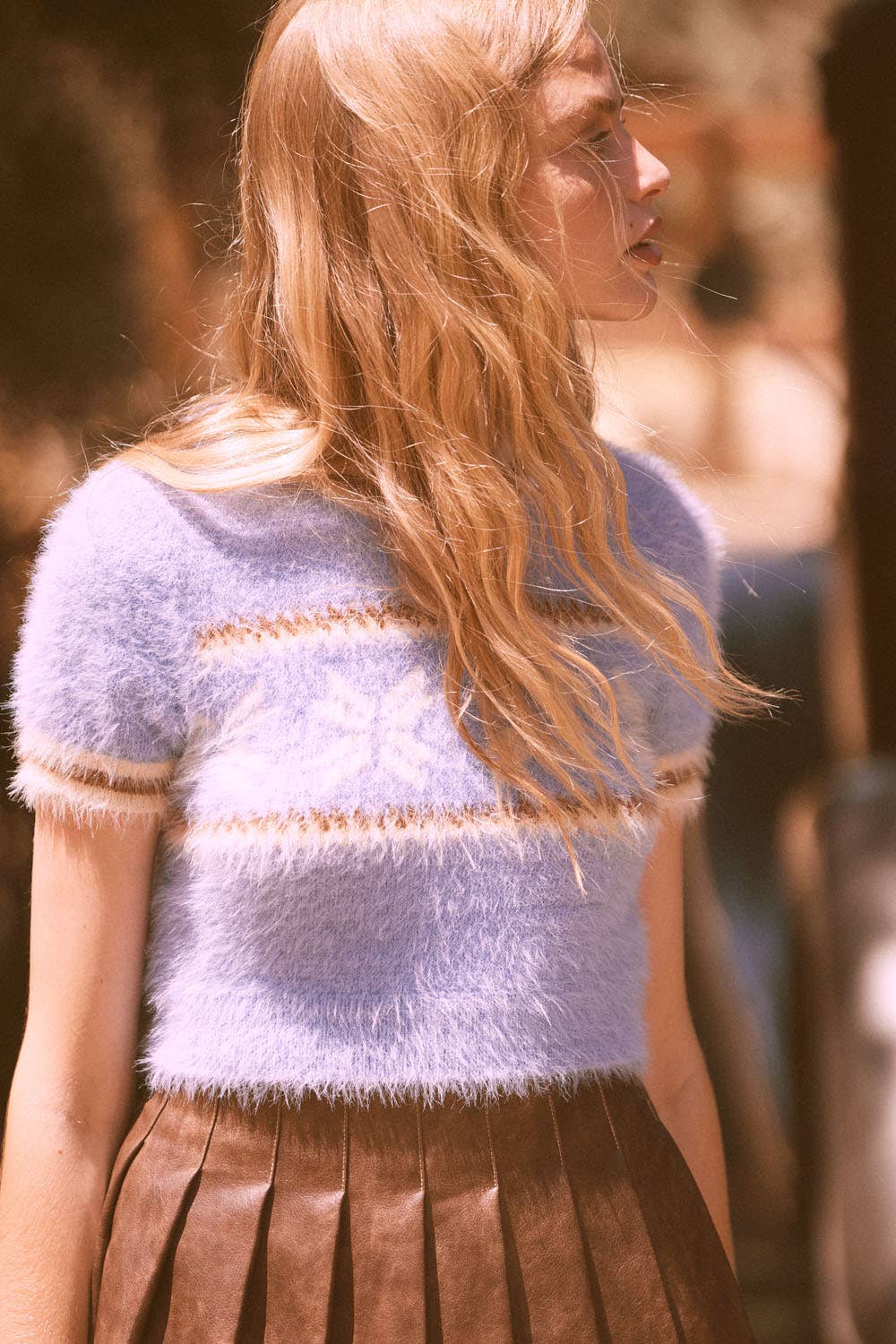 Alpine Fuzzy Knit Cropped Short-Sleeve Sweater