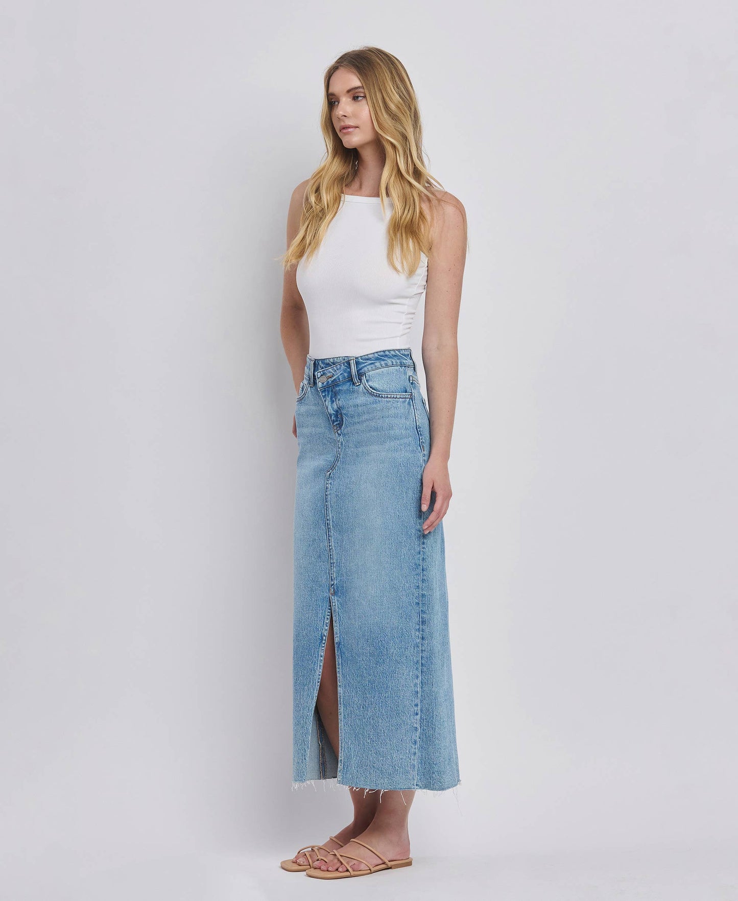 CRISS CROSS FRONT SLIT MAXI DENIM SKIRT T6490