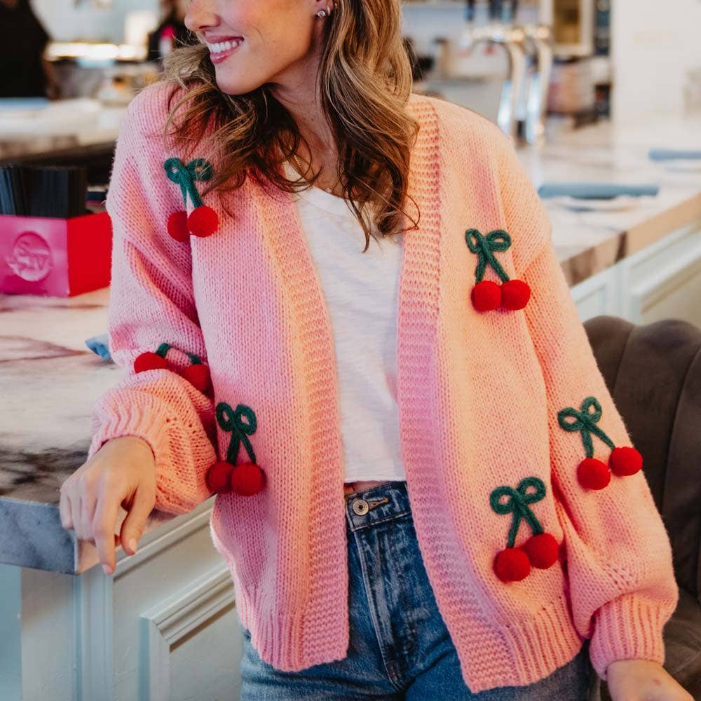 Cherry Long Sleeve Knit Cardigan Sweater