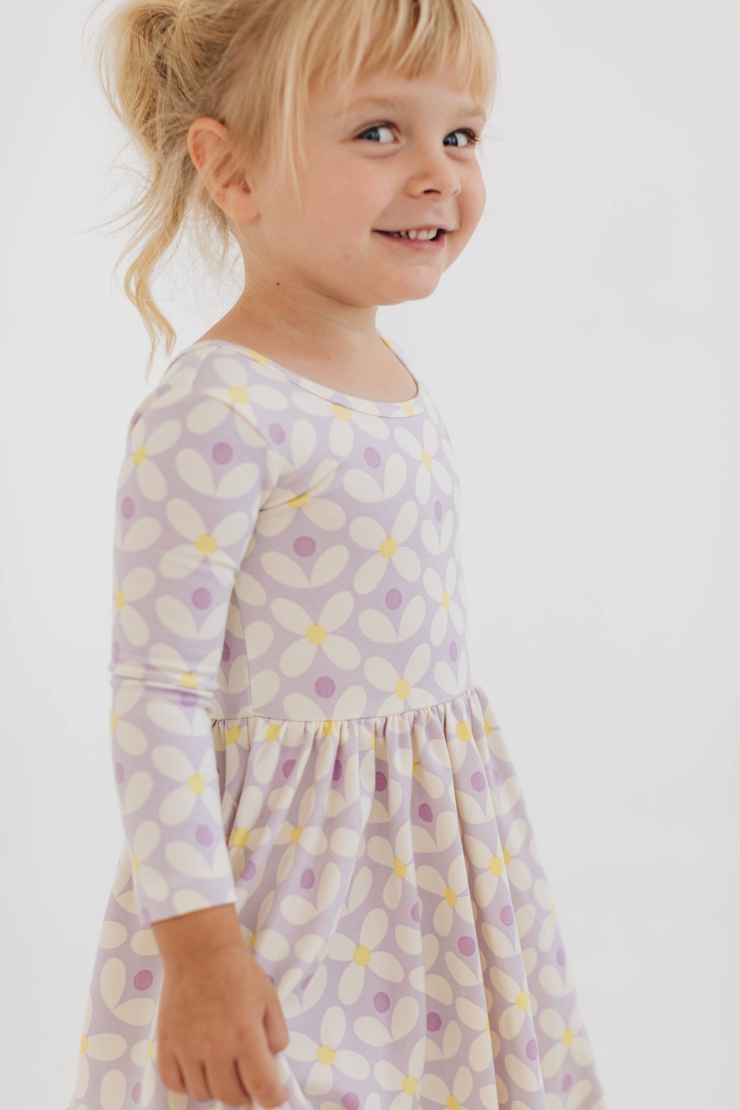 Good Apples - 3/4 Sleeve Twirl Dress in Pale Purple Petals