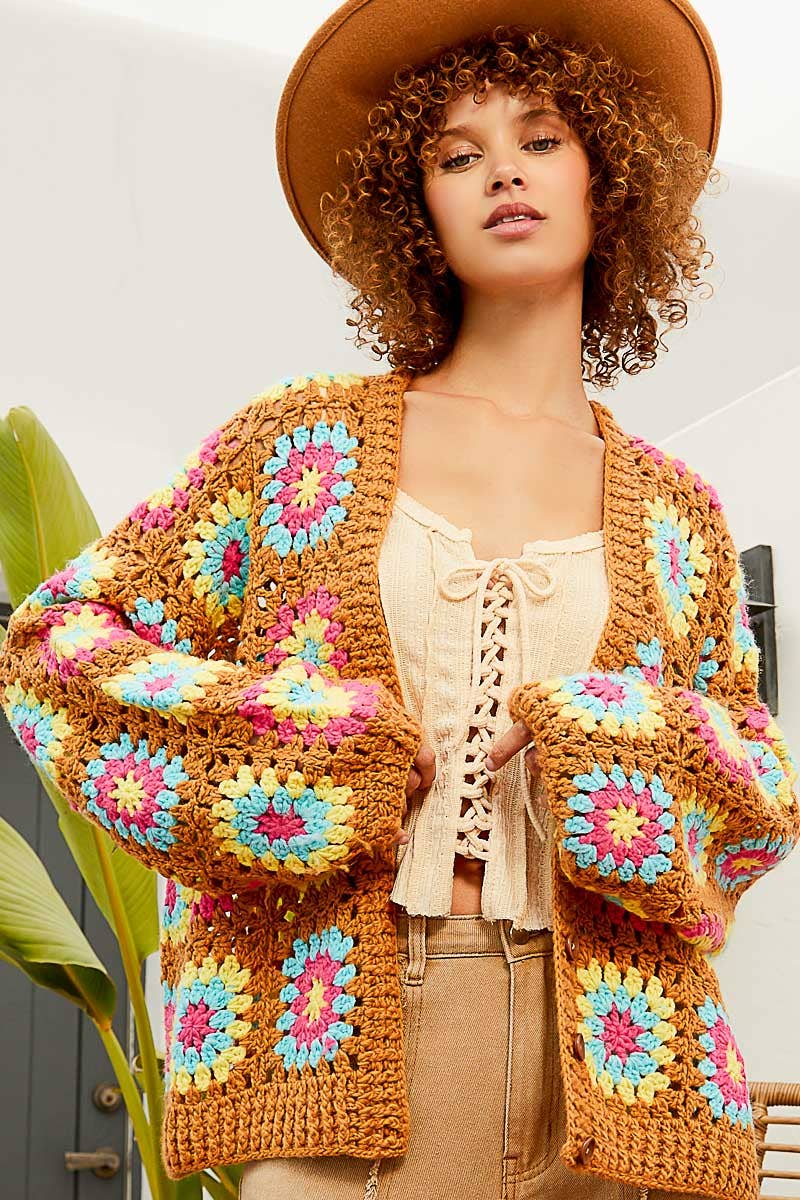 Button hand knit granny square patch cardigan sweater