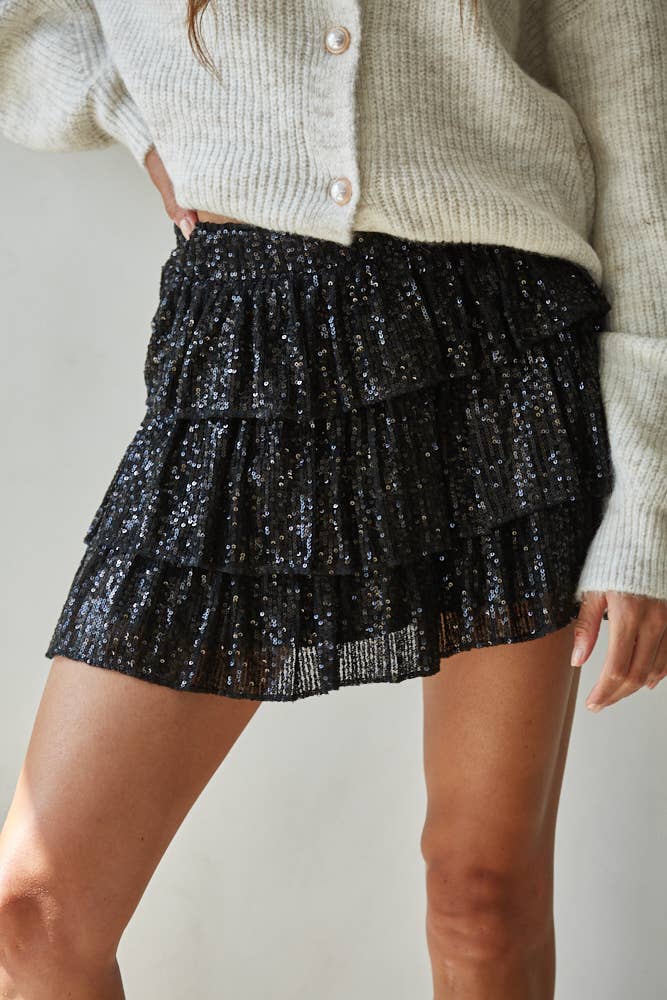 Woven Polyester Spandex Sequin Tiered Mini Skirt