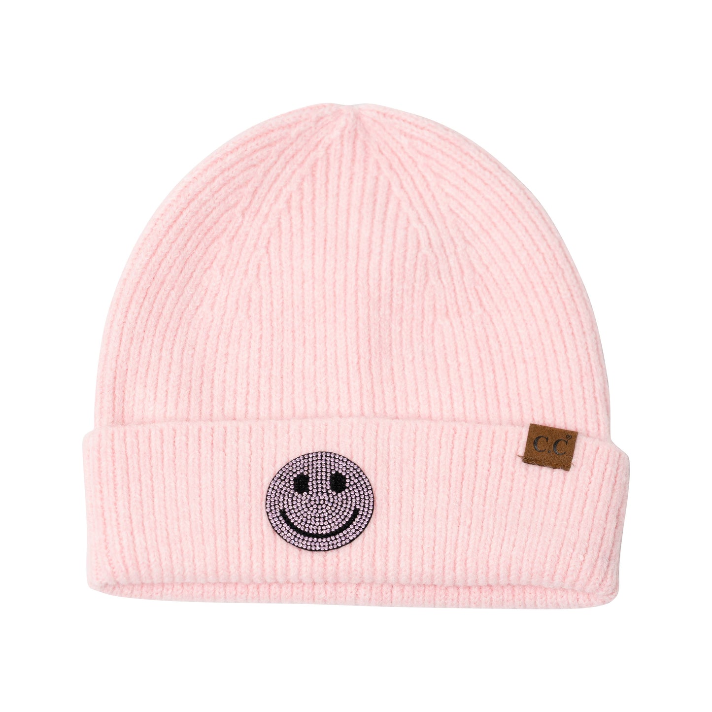 Solid Beanies with Happy Face Rhinestone Patch