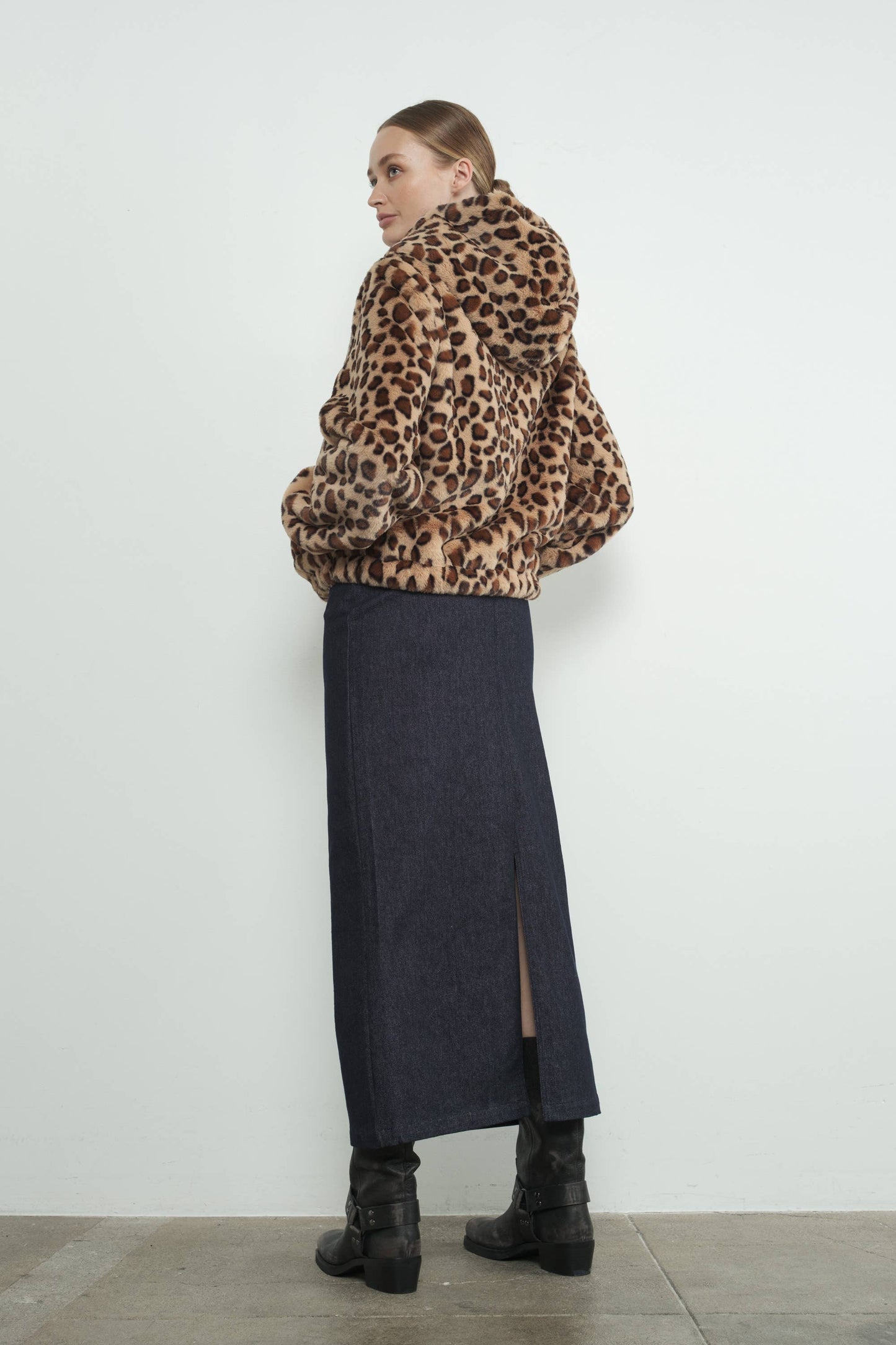 LEOPARD PRINT FAUX FUR HOODIE JACKET