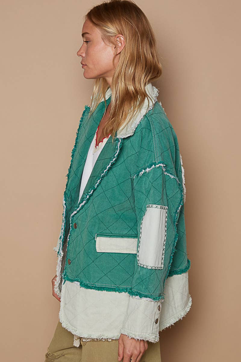 Colorblocked twill patch studded back heart jacket