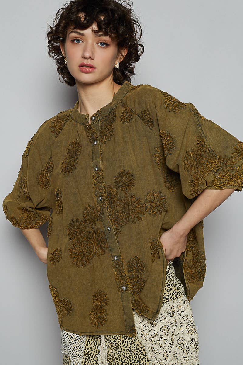 Floral embroidered short sleeve button down top