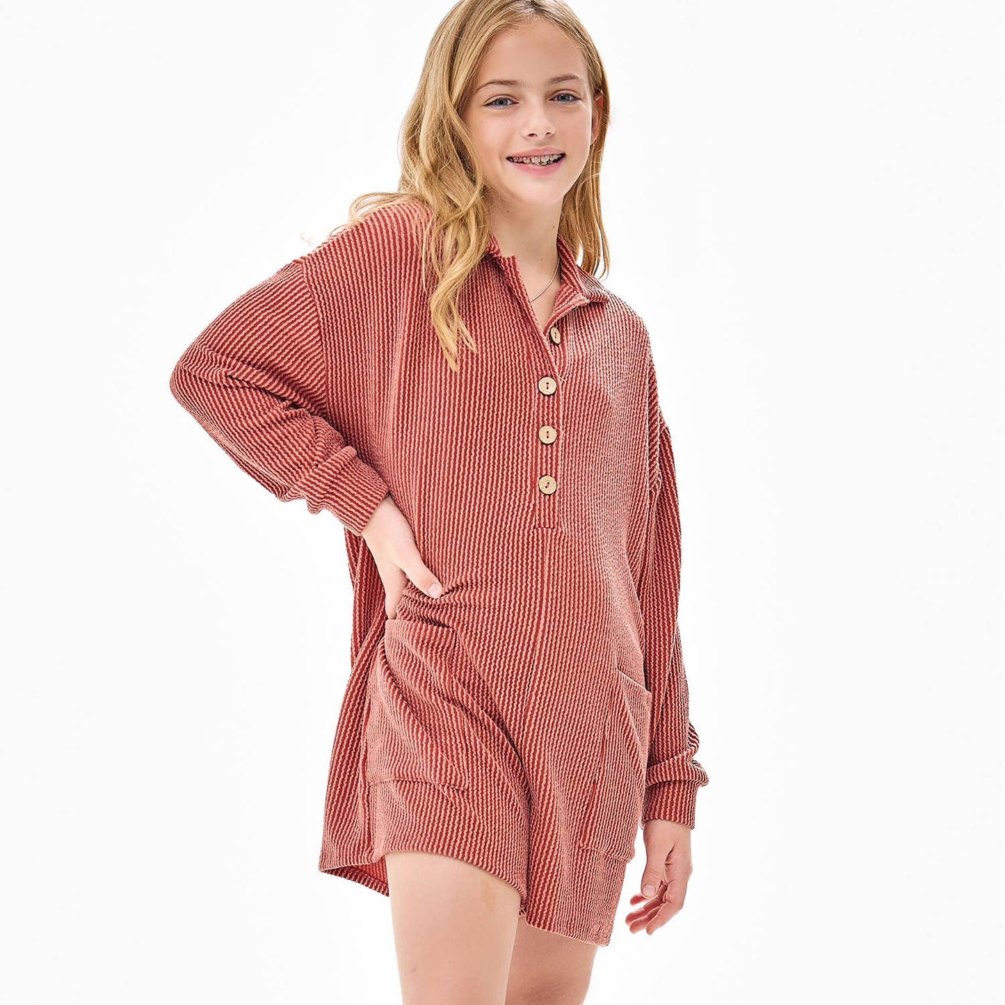 Embossed Rib Collared Button Up Romper