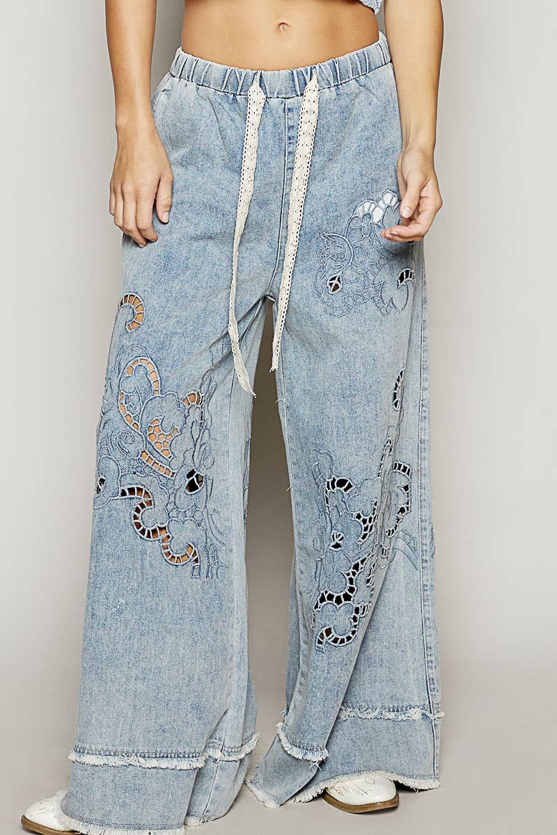 Vintage washing outseam woven twill wide pants