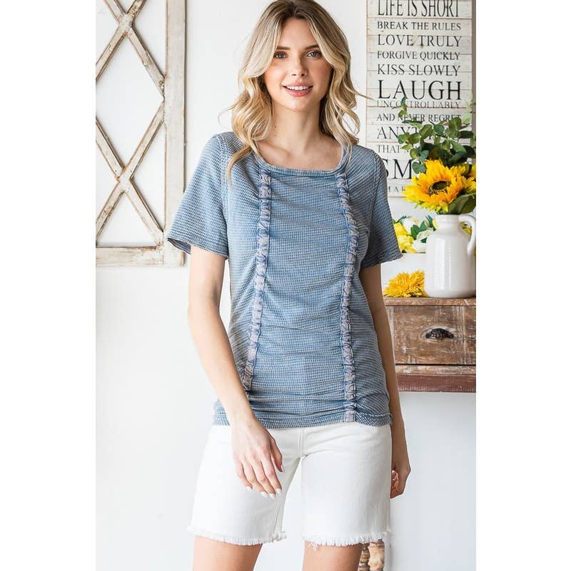 WASHED CINCHED SHORT SLEEVE KNIT TOP