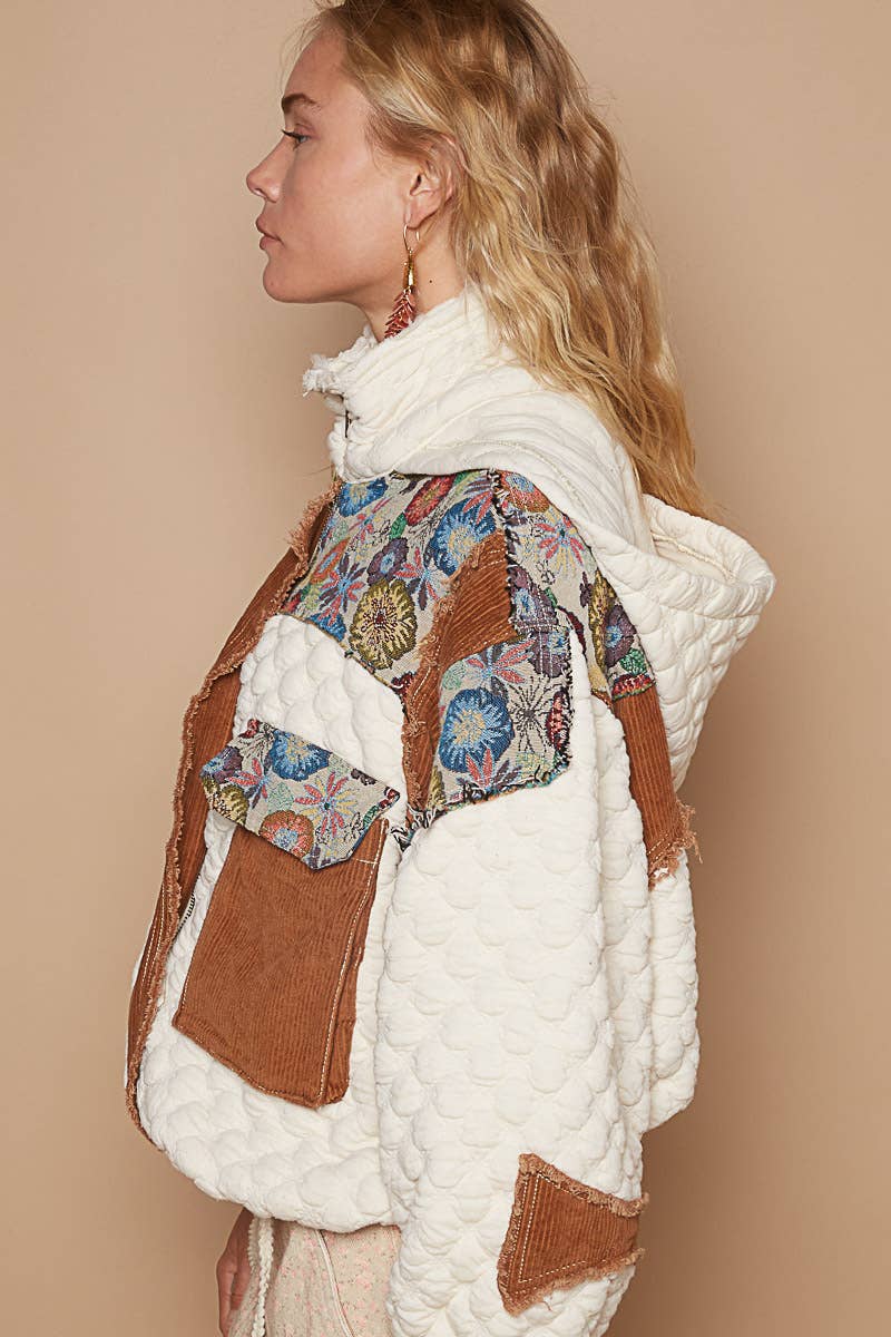 Oversize floral print contrast qulited jacket