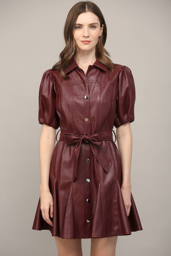 PANELLED FAUX LEATHER WAIST TIE PUFF SLEEVE FLARE DRESS