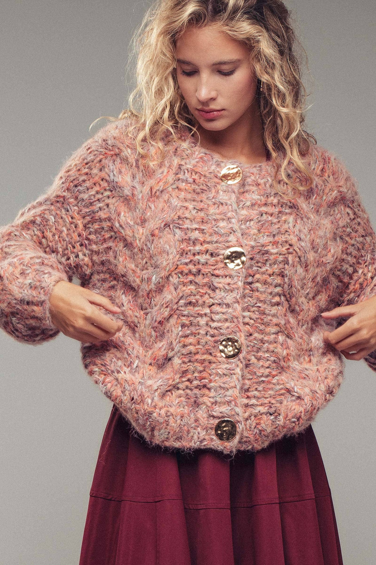 Chunky Marled Knit Gold Button Cardigan