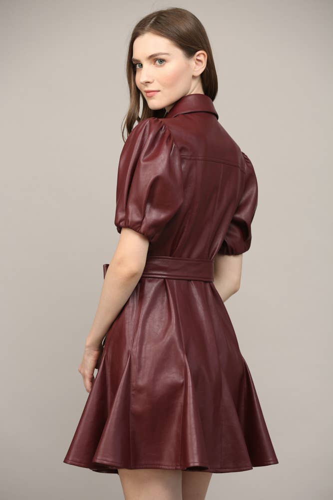 PANELLED FAUX LEATHER WAIST TIE PUFF SLEEVE FLARE DRESS