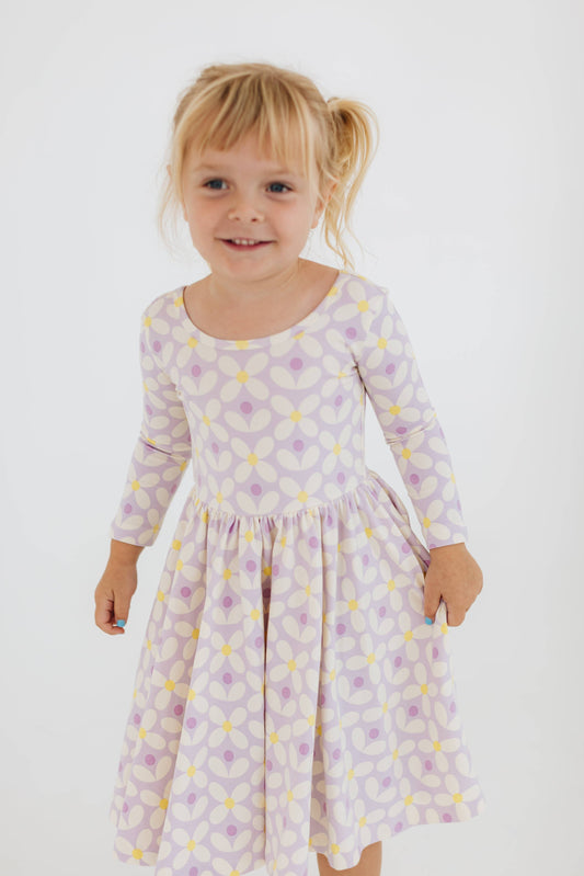 Good Apples - 3/4 Sleeve Twirl Dress in Pale Purple Petals