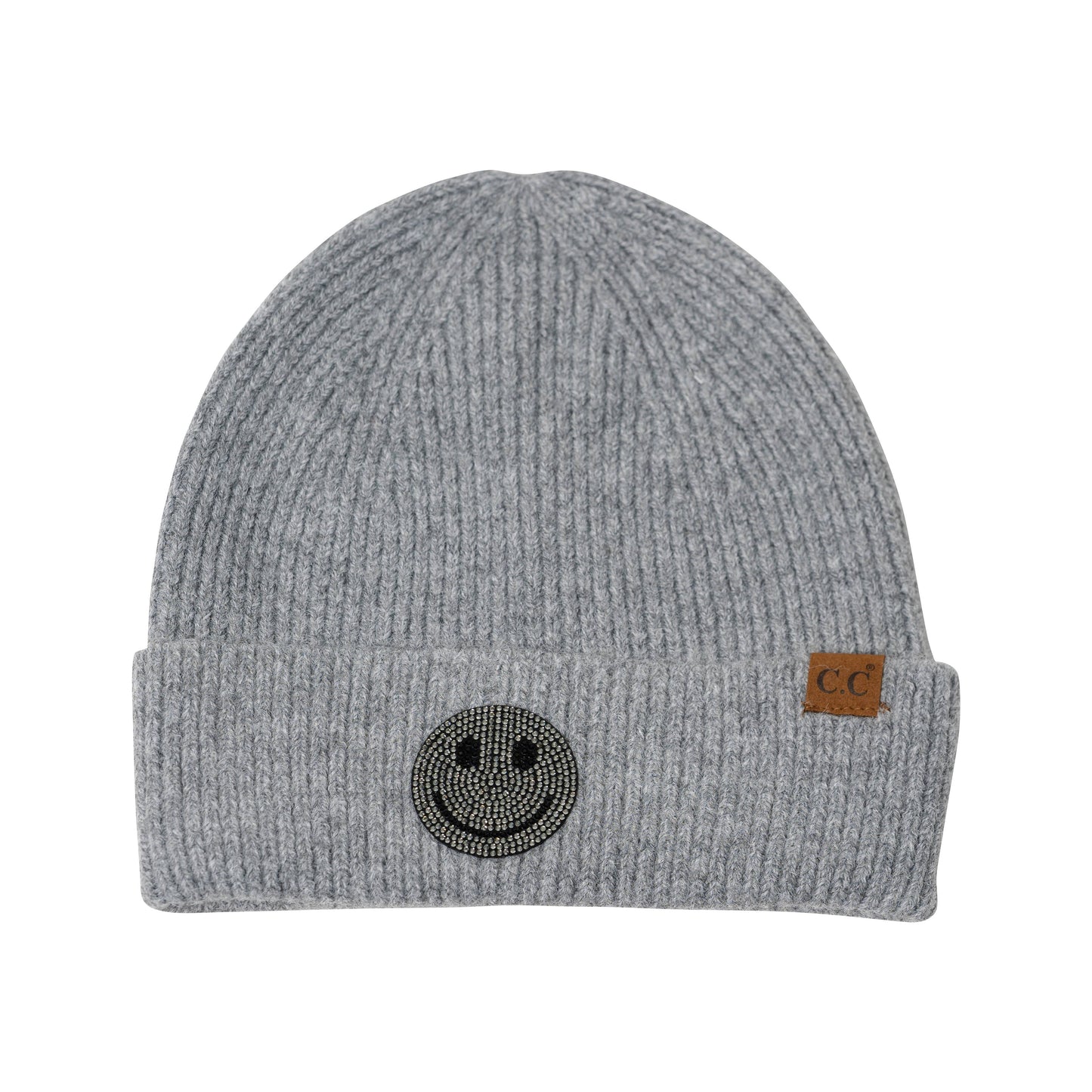 Solid Beanies with Happy Face Rhinestone Patch