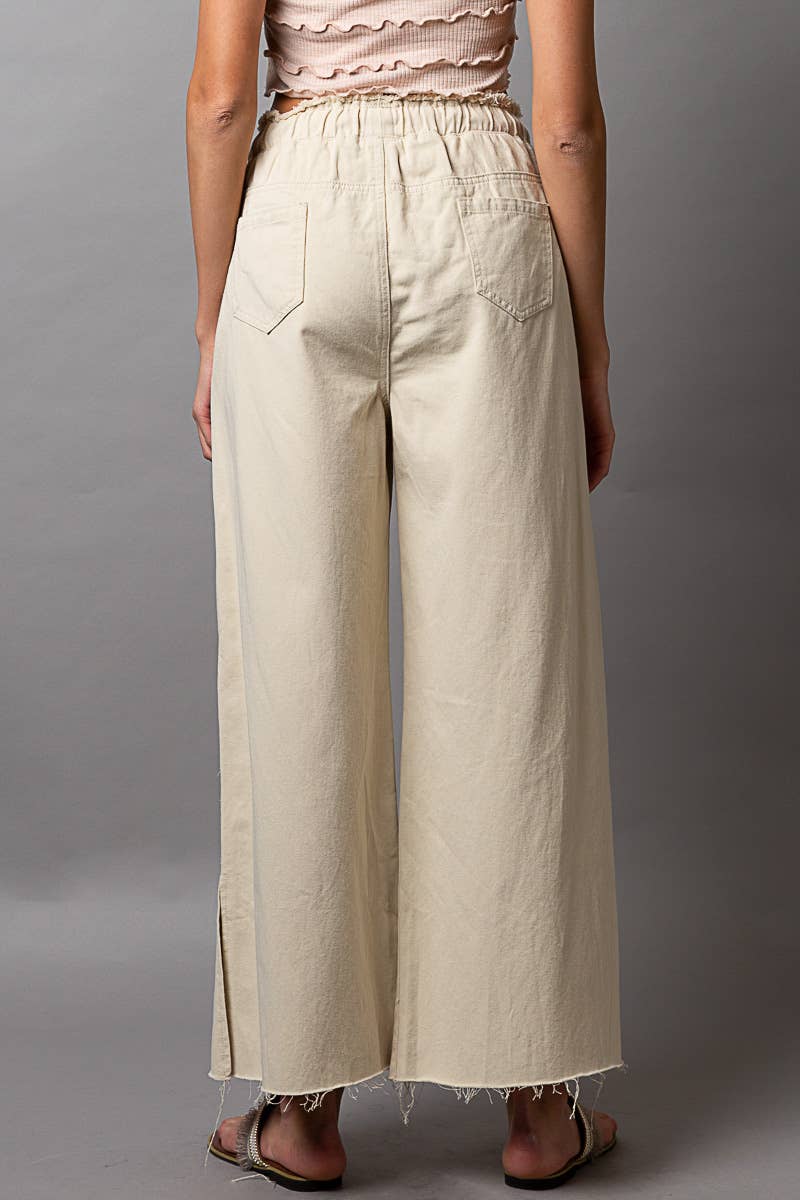 Wide leg drawstring elastic waist distressed denim pants