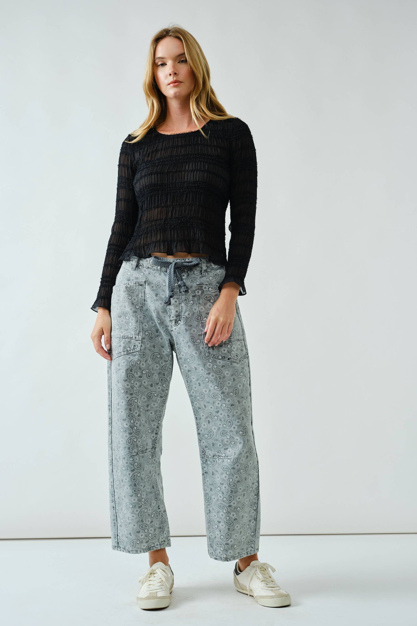 BARREL PAISLEY DENIM PANTS WITH EYELET WAIST