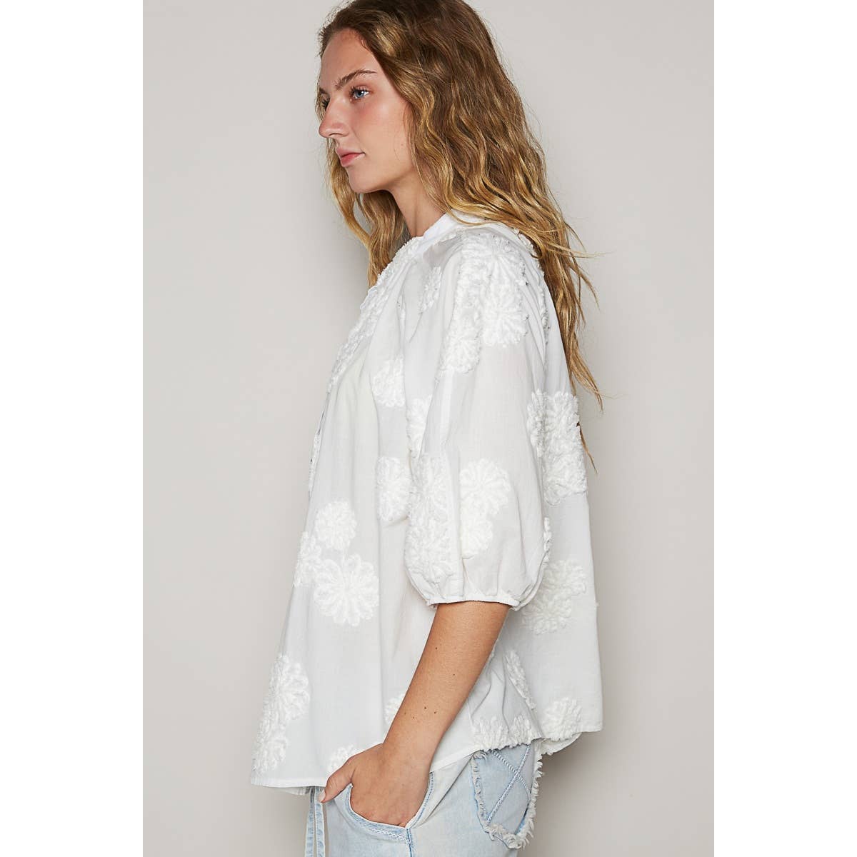 Floral embroidered short sleeve button down top