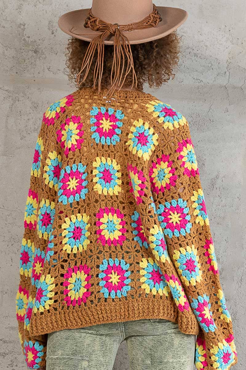 Button hand knit granny square patch cardigan sweater