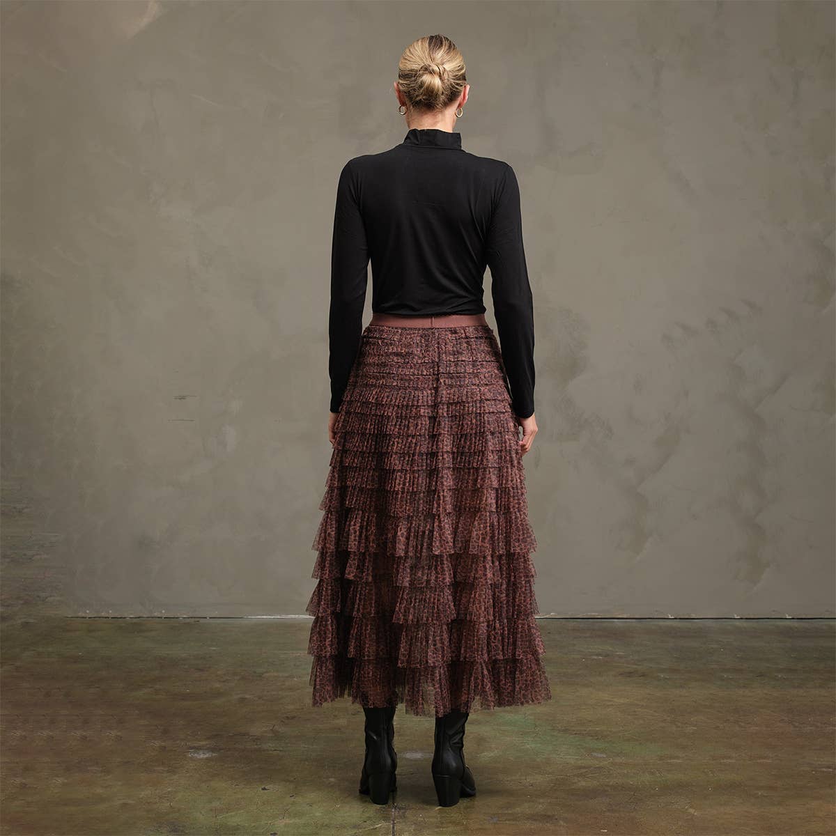 Leopard Mesh Tiered Skirt with Elastic Waist - RS1039