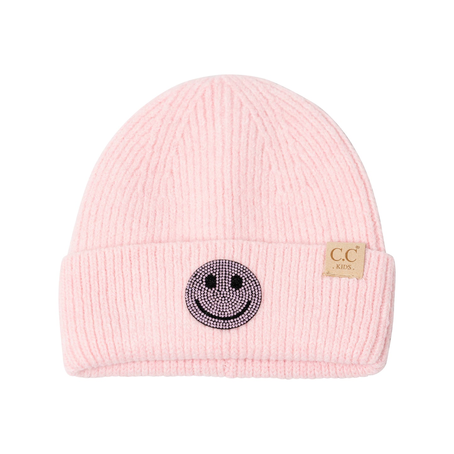 Solid Beanies with Happy Face Rhinestone Patch