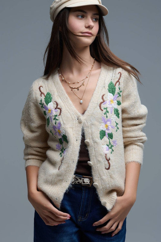 Cable Knit Beige Cardigan With embroidered Flowers