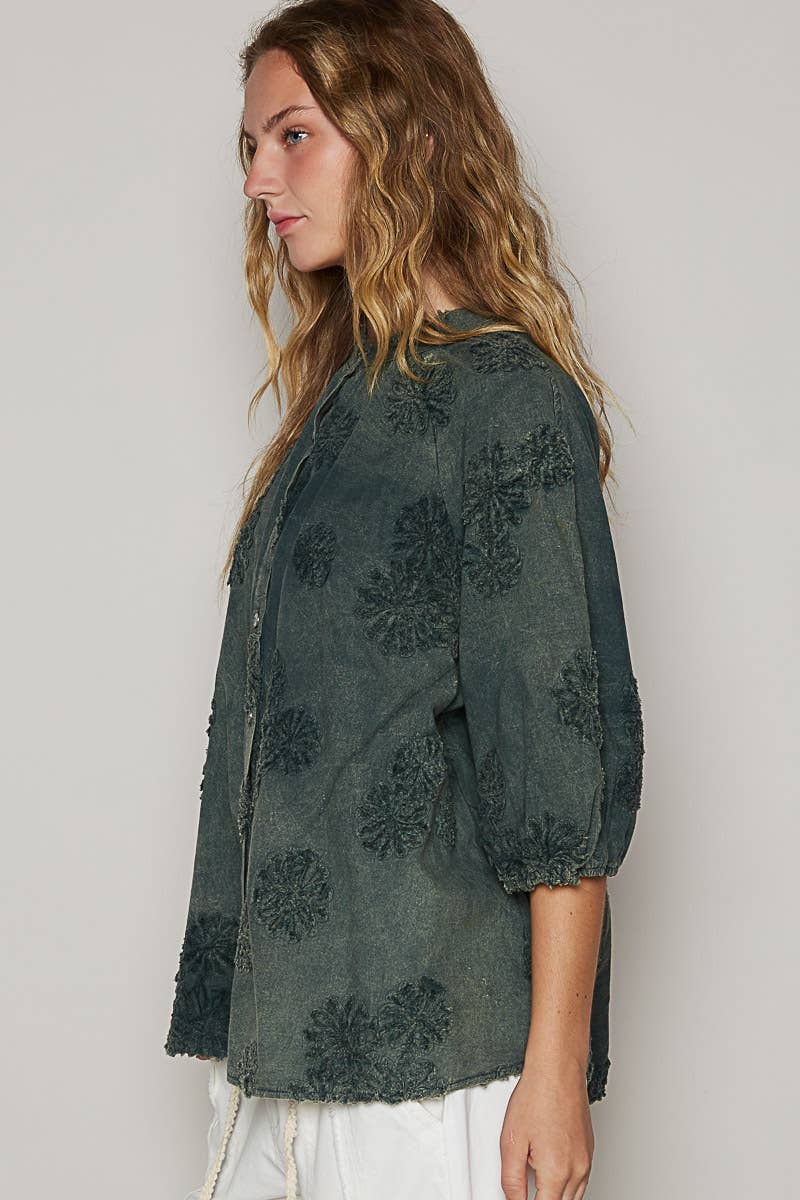 Floral embroidered short sleeve button down top