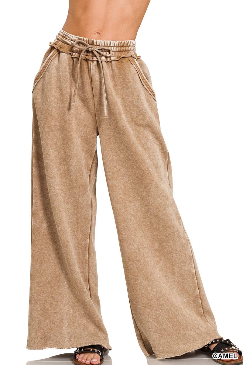 Acid Wash Fleece Palazzo Sweatpants With Pockets