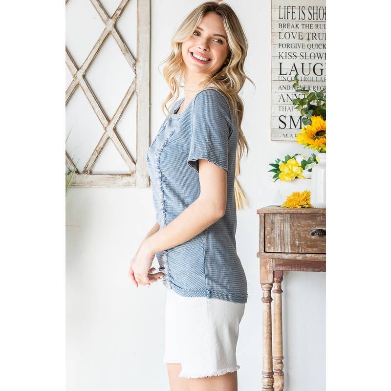 WASHED CINCHED SHORT SLEEVE KNIT TOP