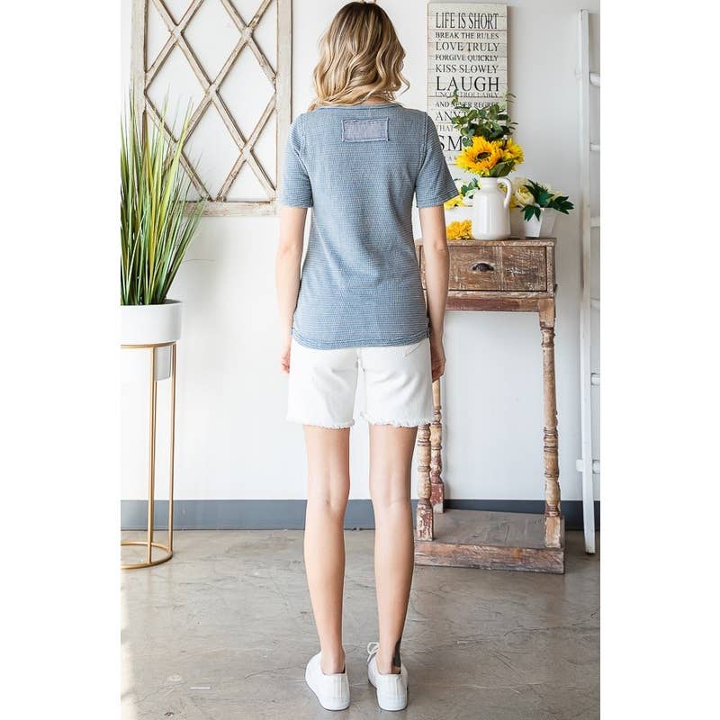 WASHED CINCHED SHORT SLEEVE KNIT TOP