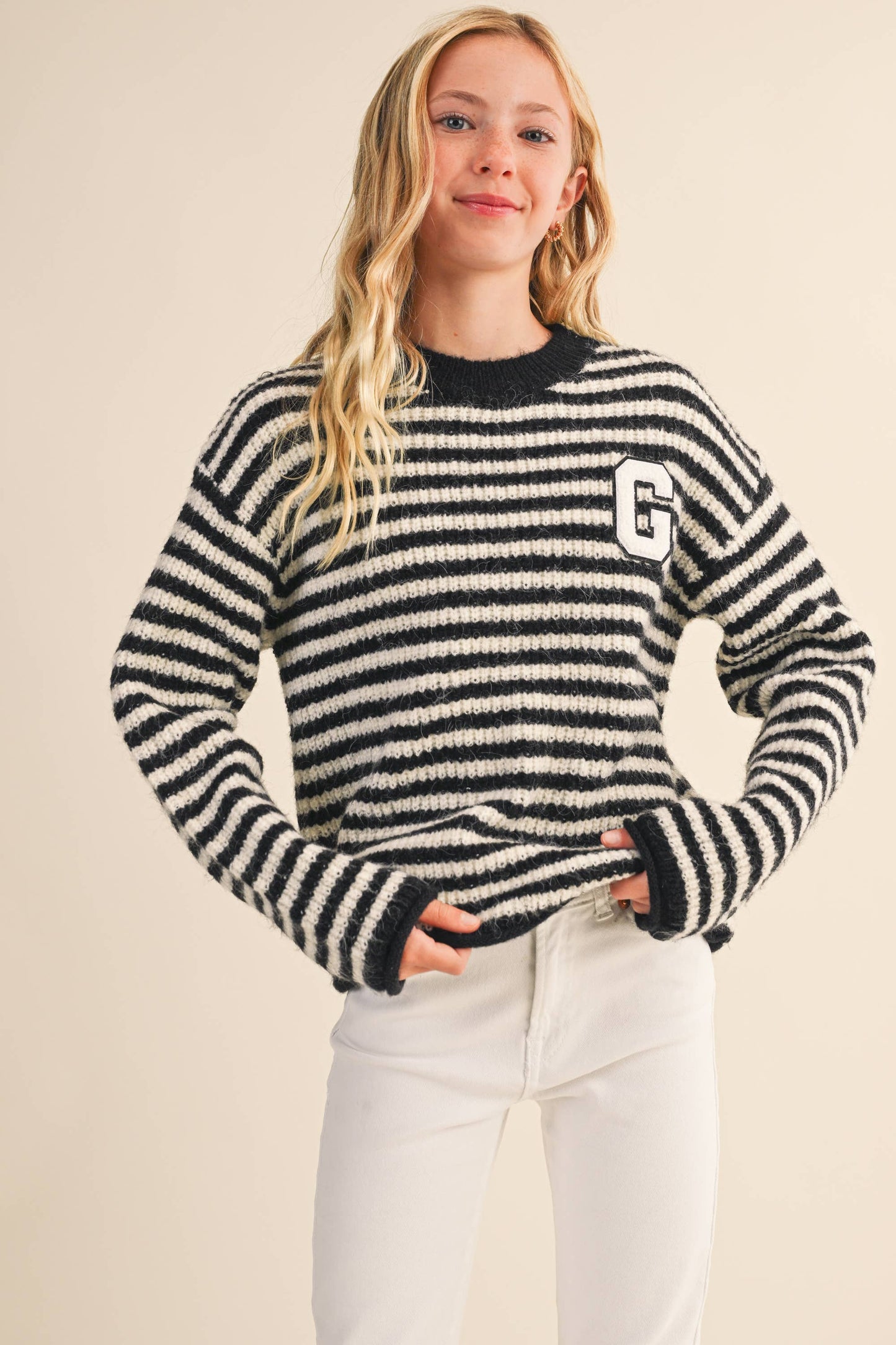 TWEEN KIDS GIRLS Stripped Letter Pattern SWEATER (7-14)