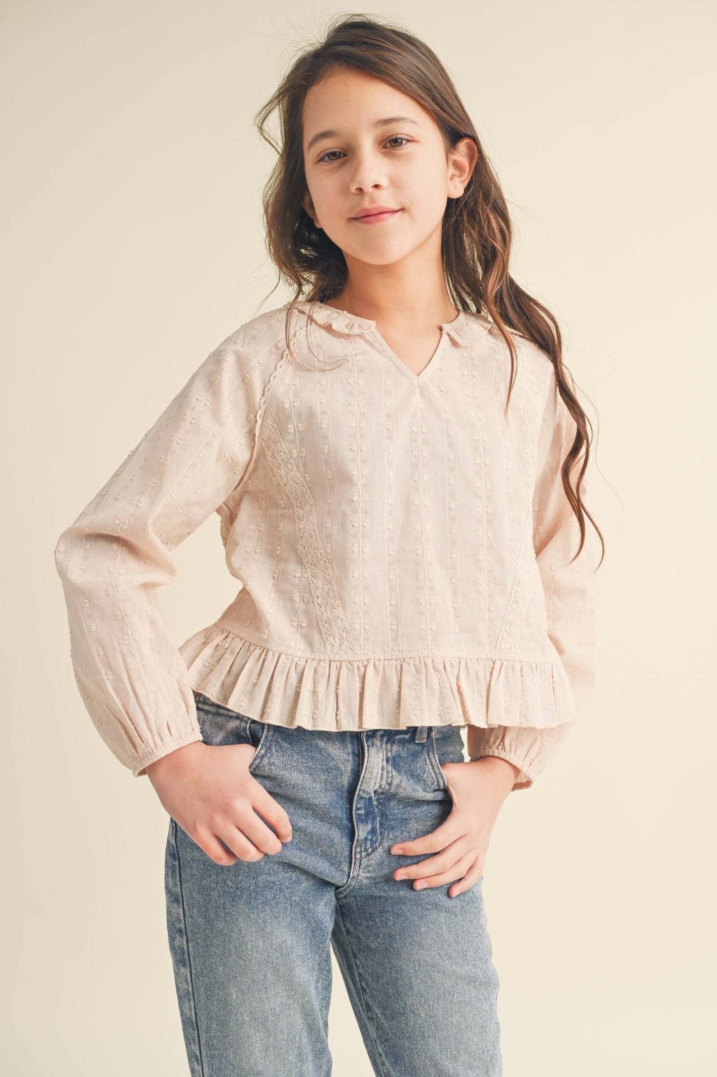 TWEEN KIDS GIRLS RAGLAN BLOUSE W/LACE TRIM