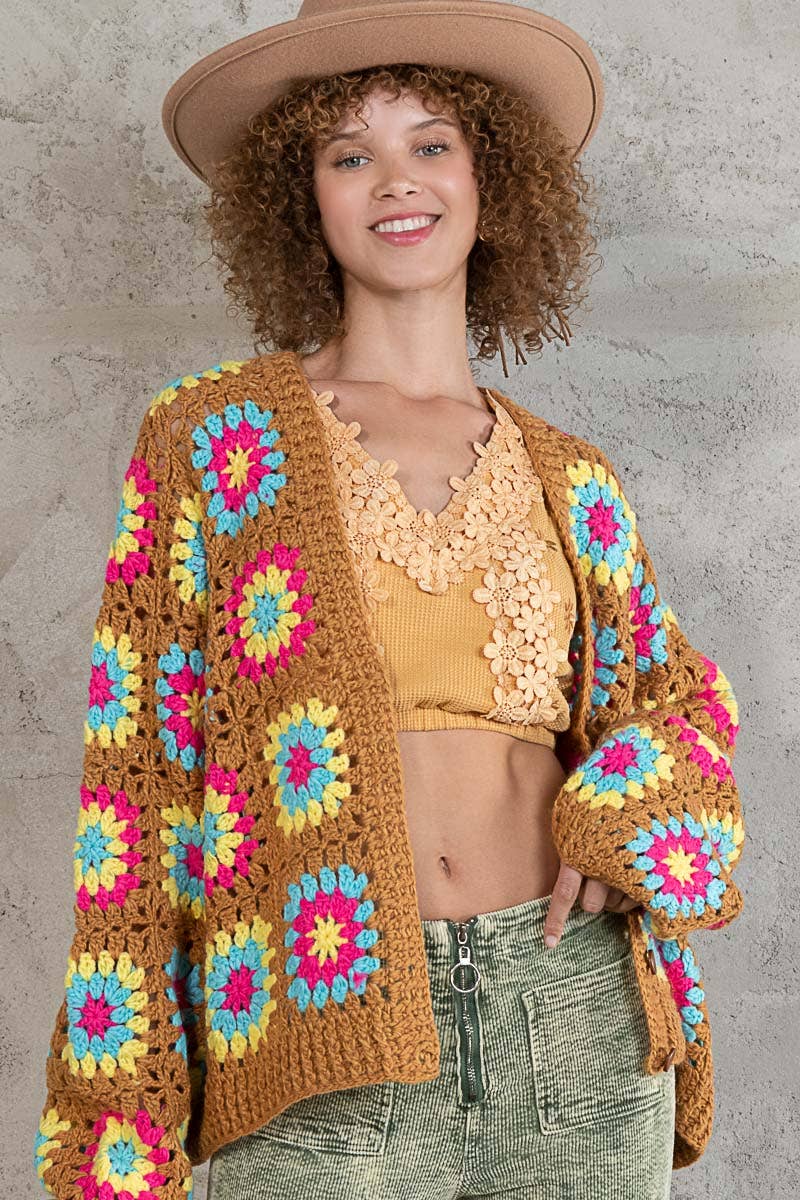 Button hand knit granny square patch cardigan sweater