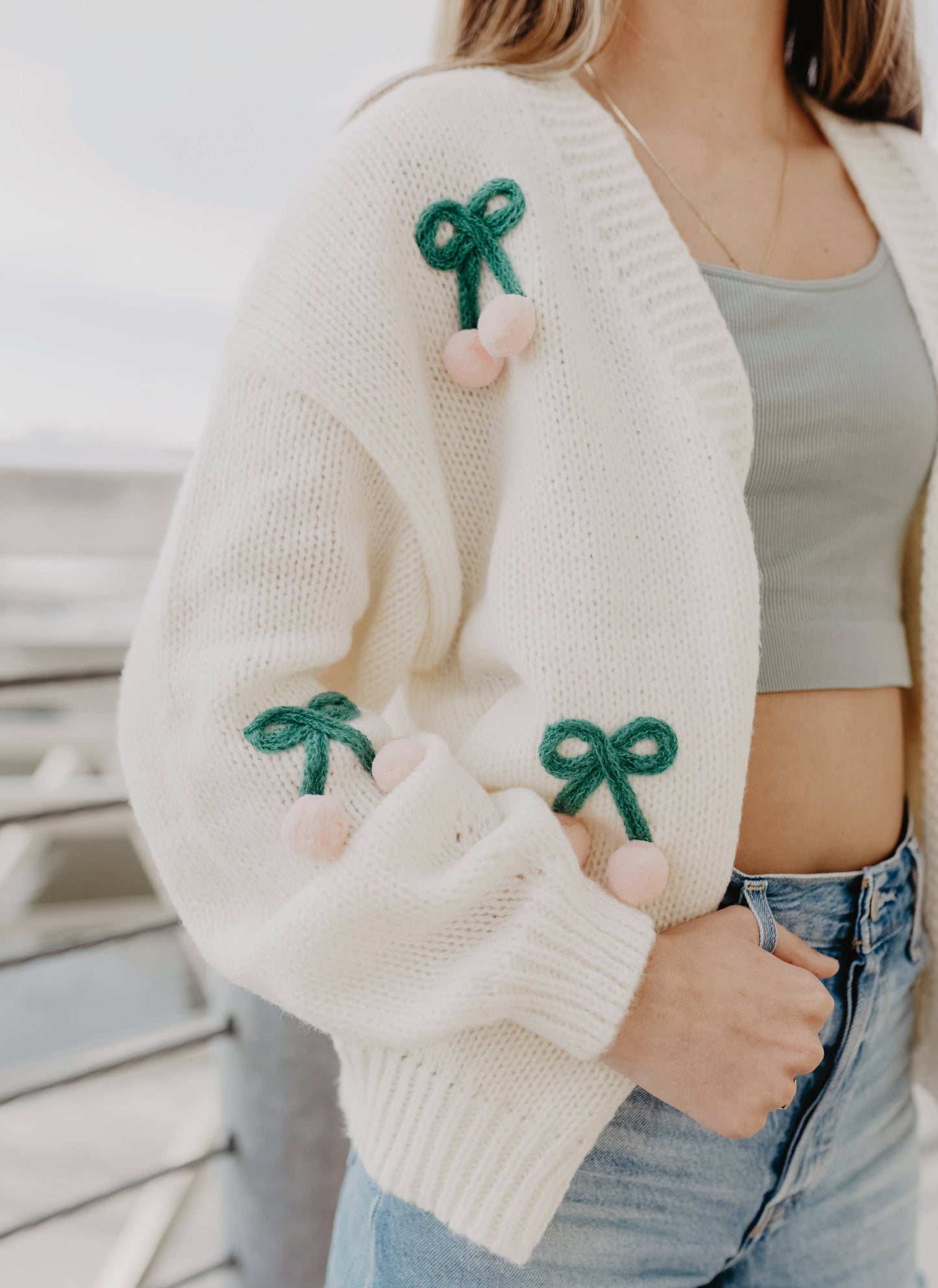 Cherry Long Sleeve Knit Cardigan Sweater